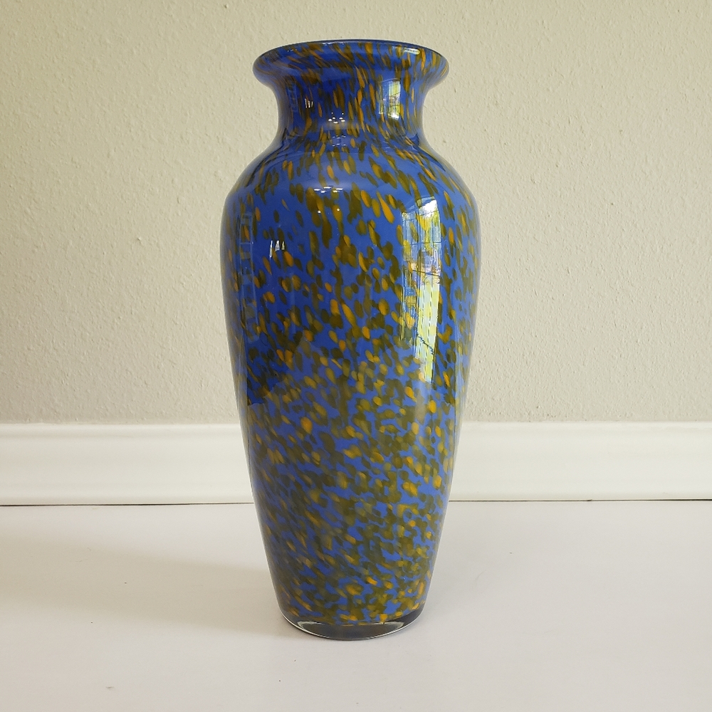 Eastern Art Glass Blue & Gold Speckled Vase Vintage Confetti Glass 10" Modern